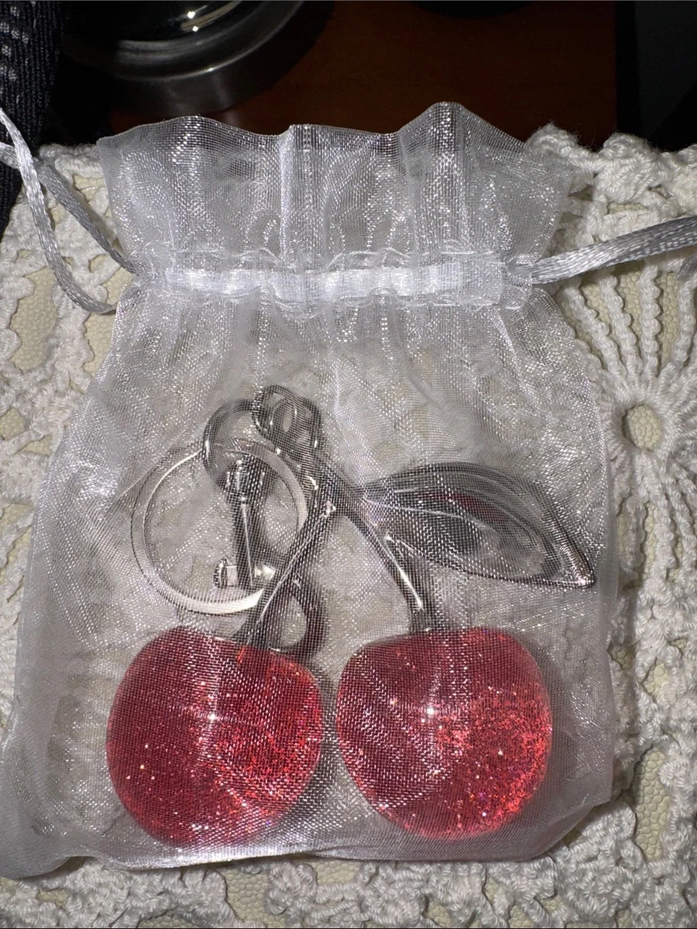 Pink Glitter Cherry Keychain Bag Charm